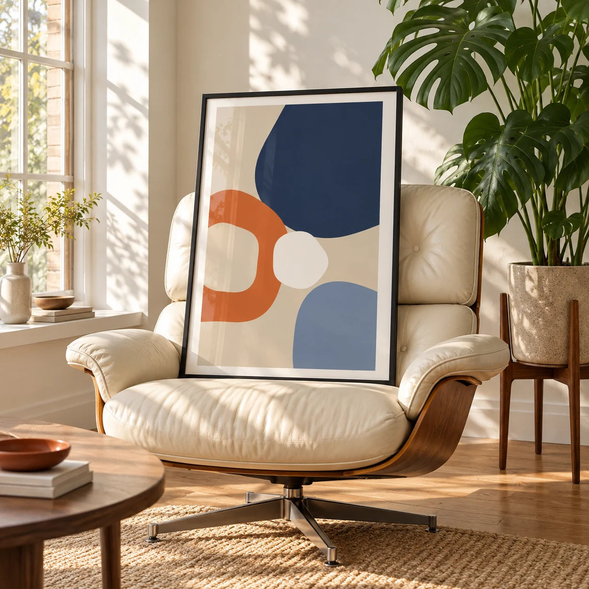 Geometric Abstract Wall Art, framed on the wall of a sunny living room corner with a tall window