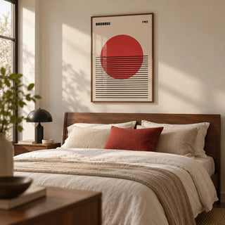 Geometric Art Print, framed on the wall of a crisp modern bedroom