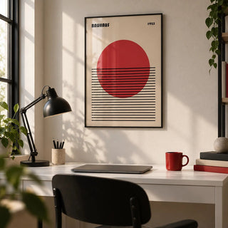 Geometric Art Print, framed on the wall of a graphic designer's home studio in a home office