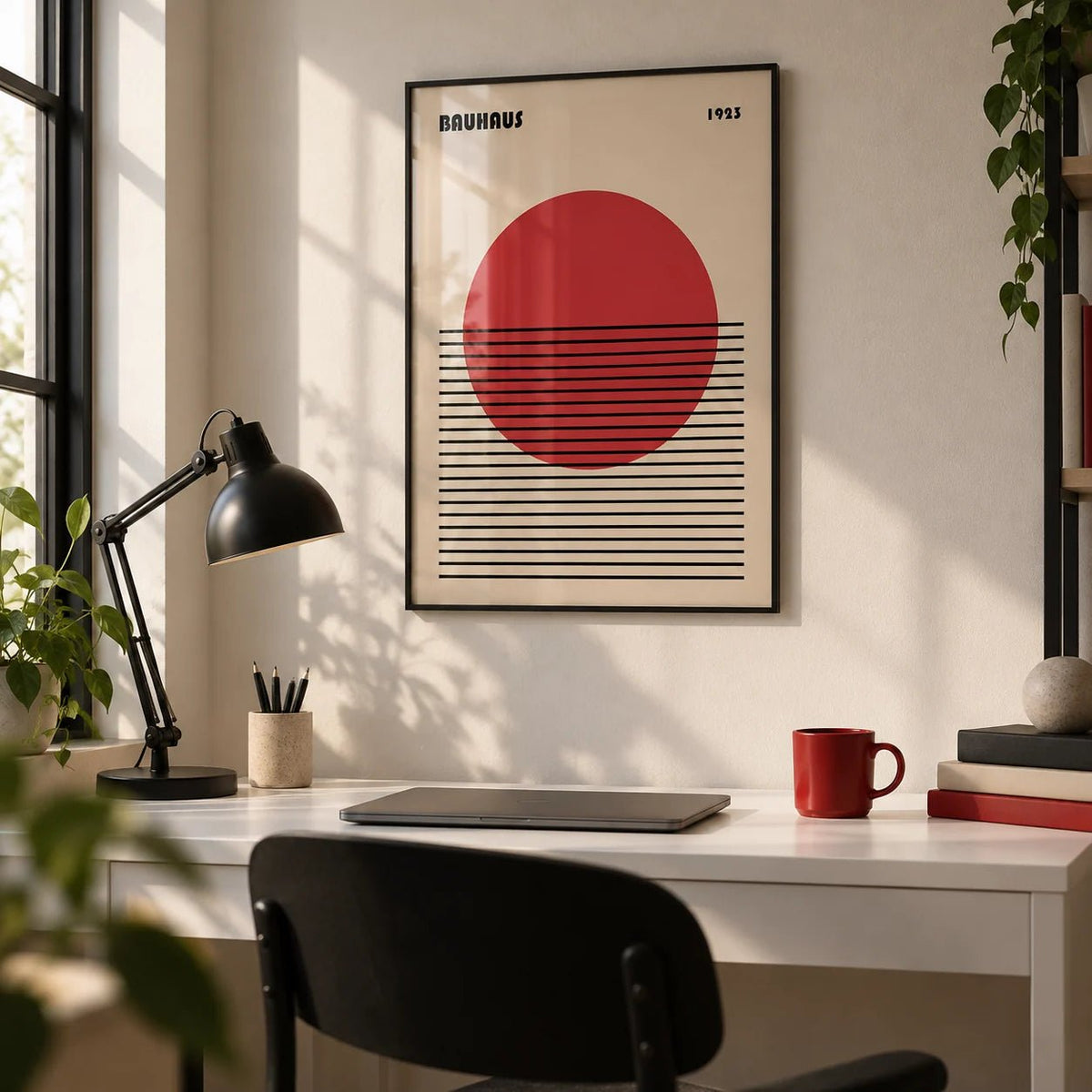 Geometric Art Print, framed on the wall of a graphic designer's home studio in a home office