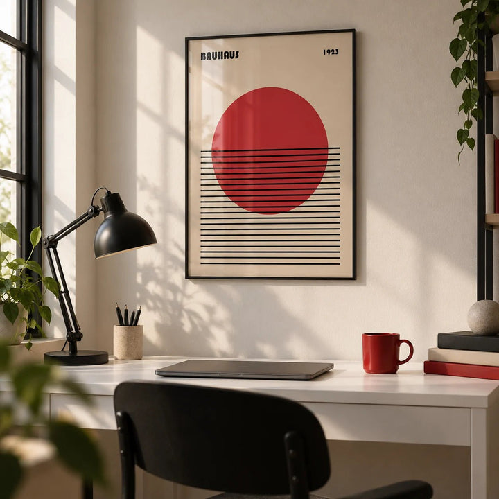 Geometric Art Print, framed on the wall of a graphic designer's home studio in a home office