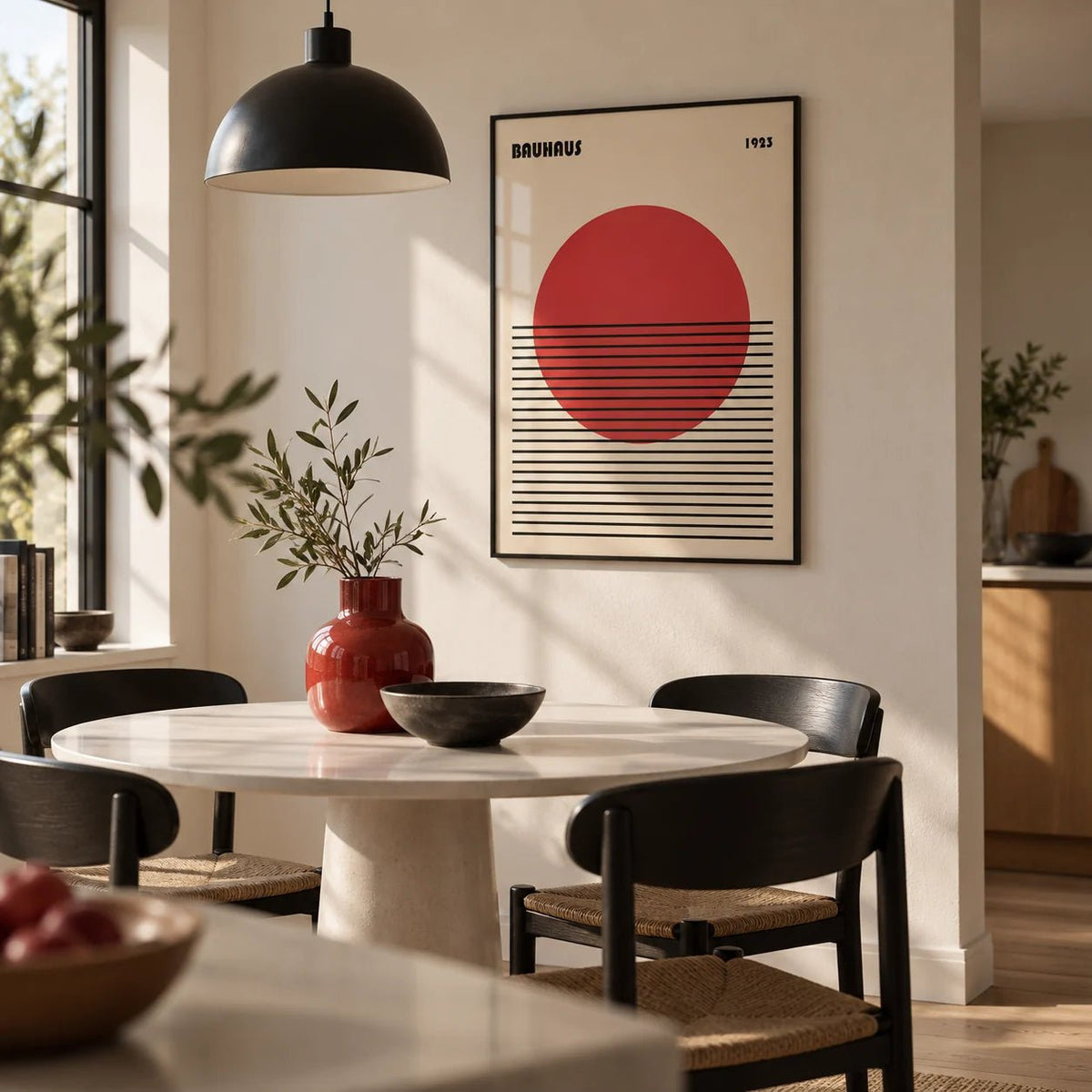 Geometric Art Print, framed on the wall of a modern dining nook