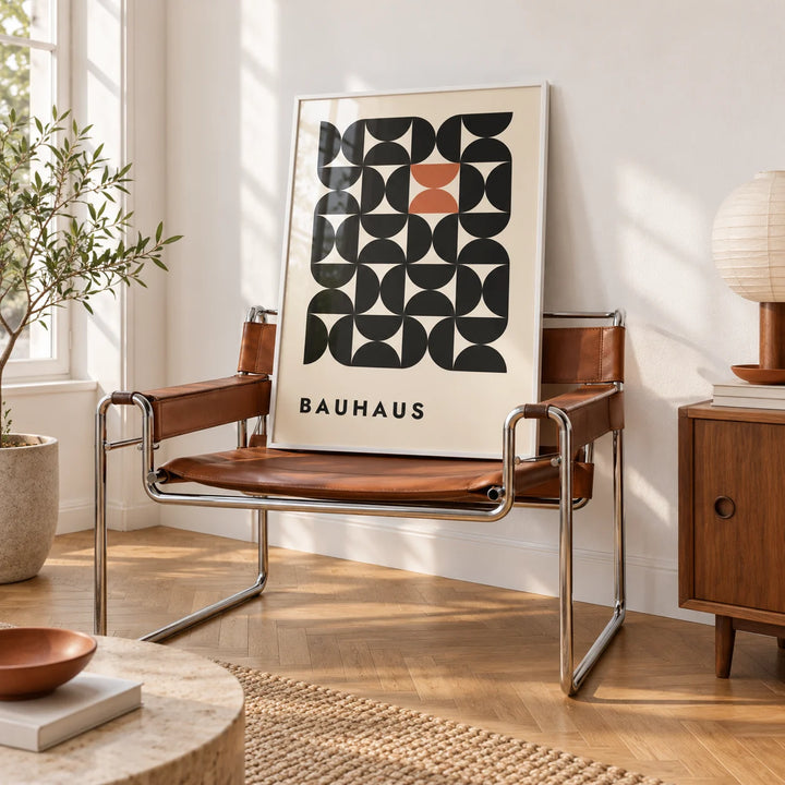 Geometric Bauhaus Art, framed on the wall of a bright white room with tall white walls and warm herringbone oak parquet in soft morning light in a living room