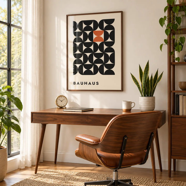 Geometric Bauhaus Art, framed on the wall of a mid-century study by a tall window with a sheer curtain