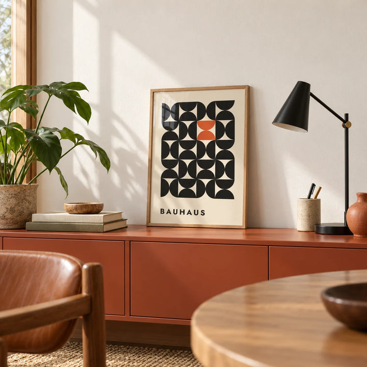 Geometric Bauhaus Art, a small A4 framed print leaning on a shelf