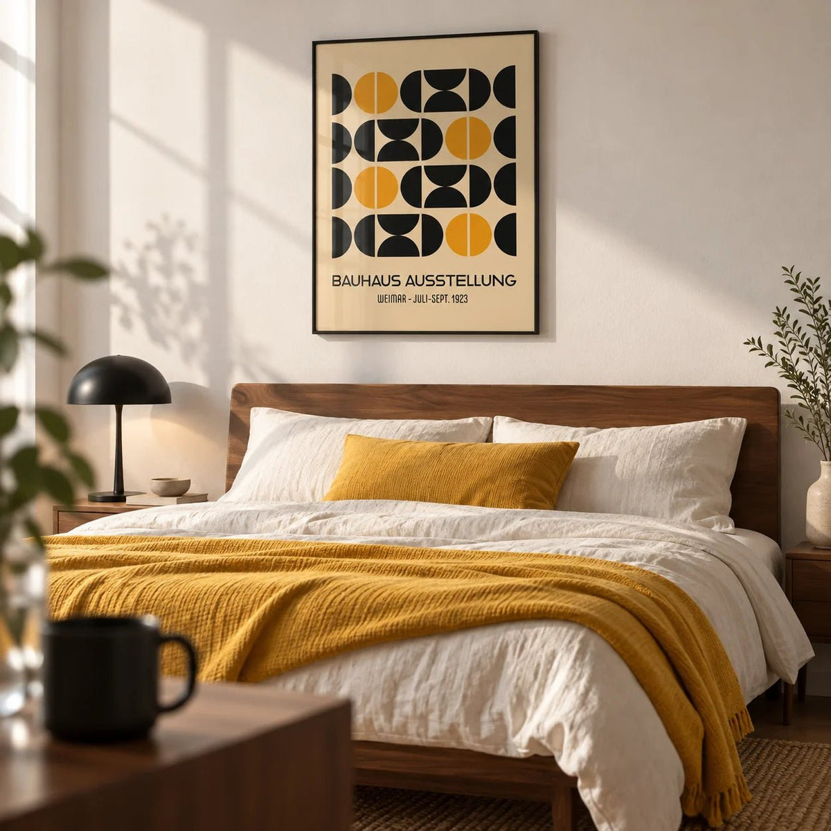 Geometric Bauhaus Poster, framed on the wall of a modern bedroom with a white wall