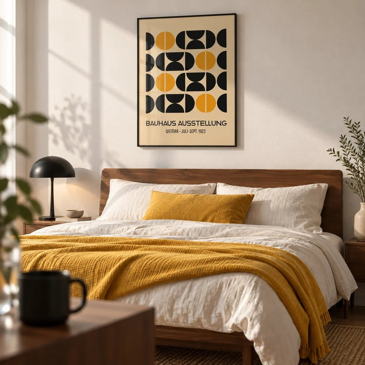 Geometric Bauhaus Poster, framed on the wall of a modern bedroom with a white wall