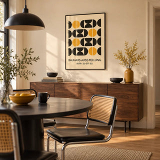 Geometric Bauhaus Poster, framed on the wall of a modern dining room with a peach cream wall