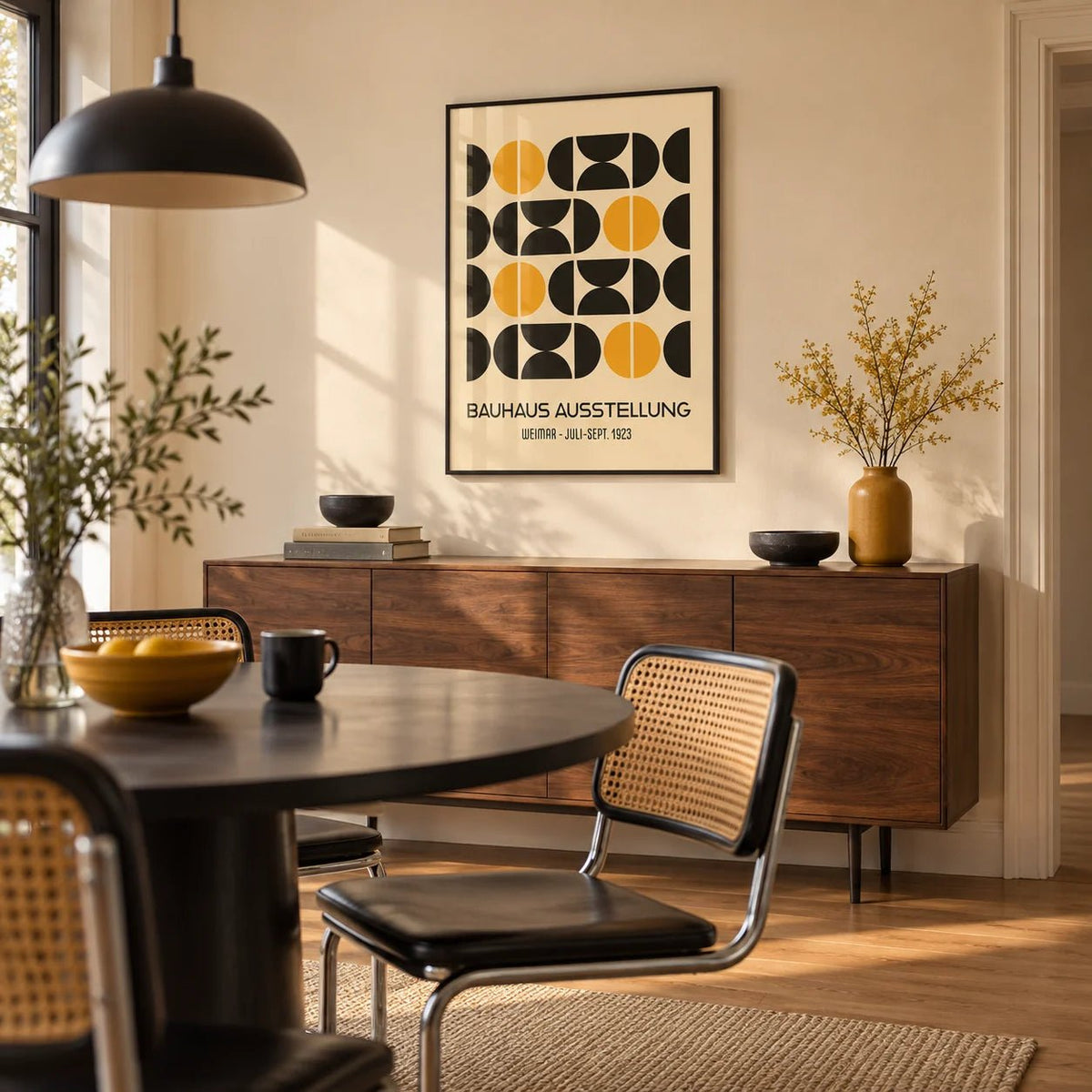 Geometric Bauhaus Poster, framed on the wall of a modern dining room with a peach cream wall
