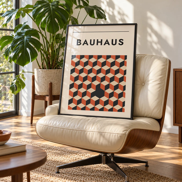 Geometric Block Art, framed on the wall of a sunny living room corner with a tall window