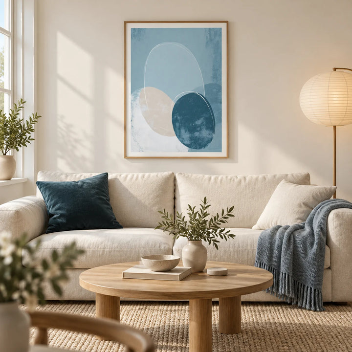 Geometric Circle Poster, framed on the wall of a calm contemporary living room in a UK flat with warm white walls and pale oak flooring