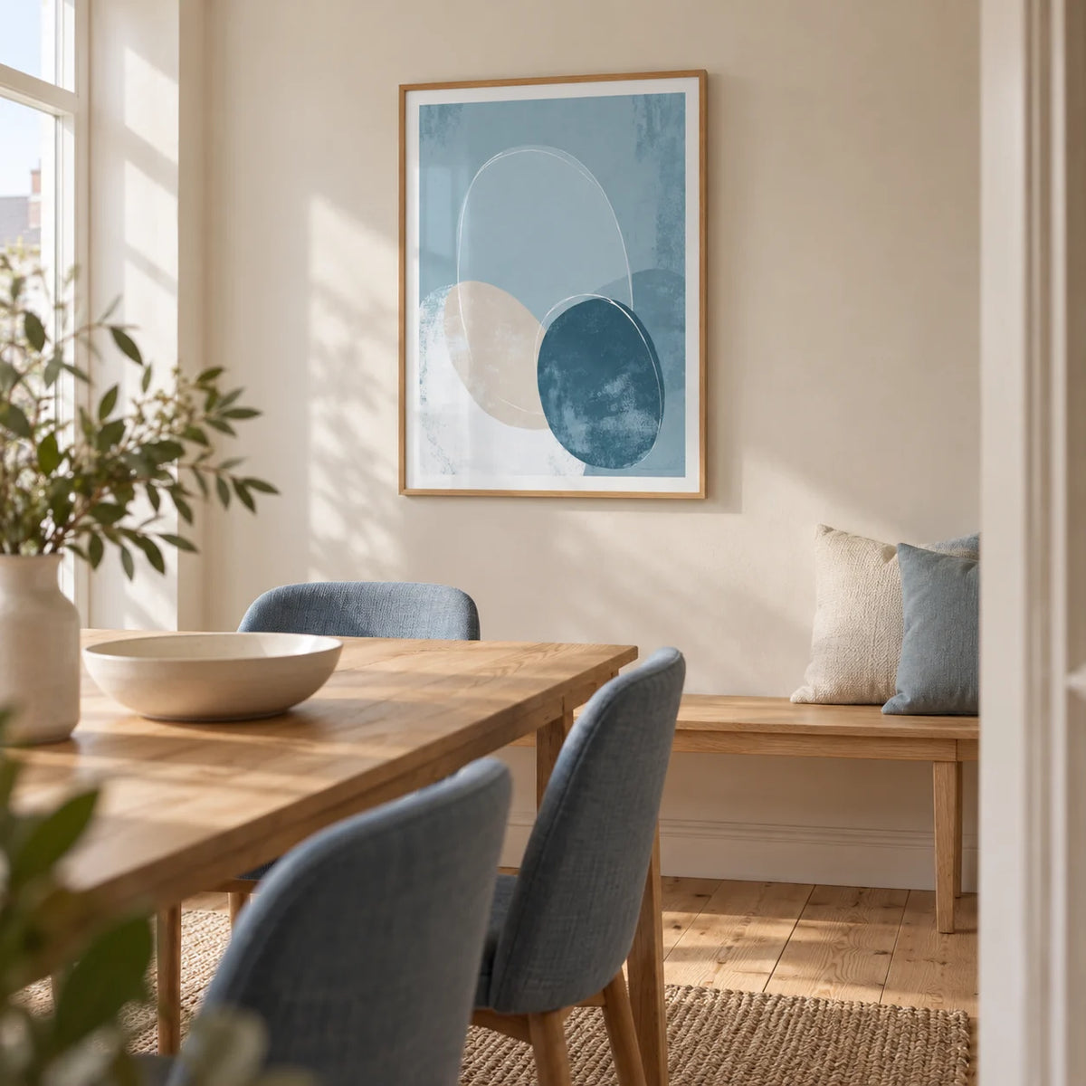 Geometric Circle Poster, framed on the wall of a light Scandi dining room in a UK terraced home with a pale beige wall and oak floorboards