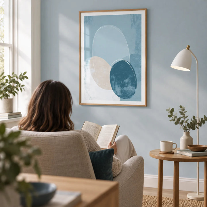 Geometric Circle Poster, framed on the wall of a quiet reading corner in a modern UK home with a pale blue wall in a living room