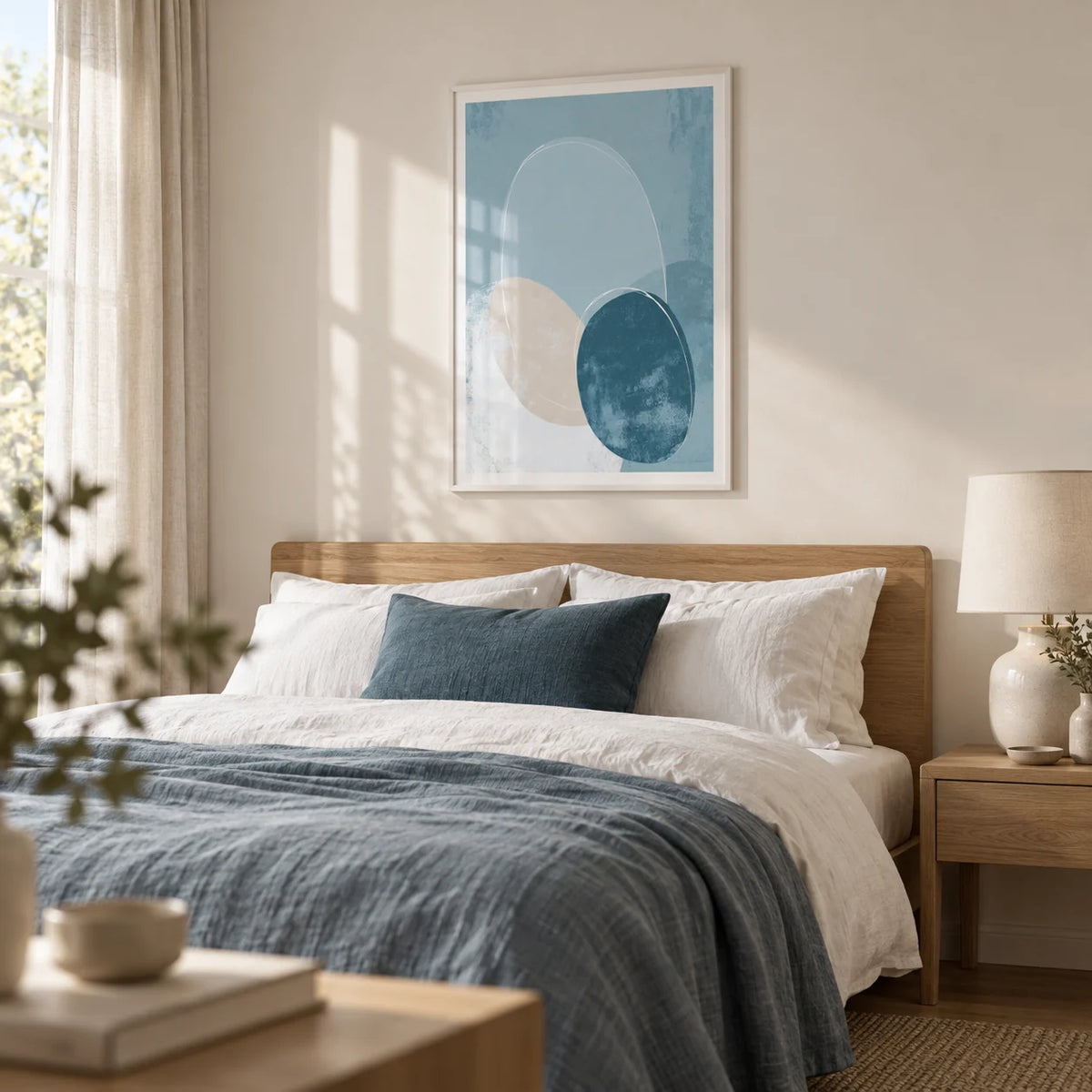 Geometric Circle Poster, framed on the wall of a restful adult bedroom with warm white walls and natural linen curtains
