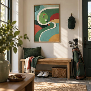 Geometric Golf Art Print, framed on the wall of a boot room by the back door in a hallway