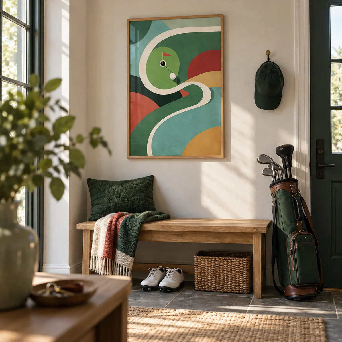Geometric Golf Art Print, framed on the wall of a boot room by the back door in a hallway