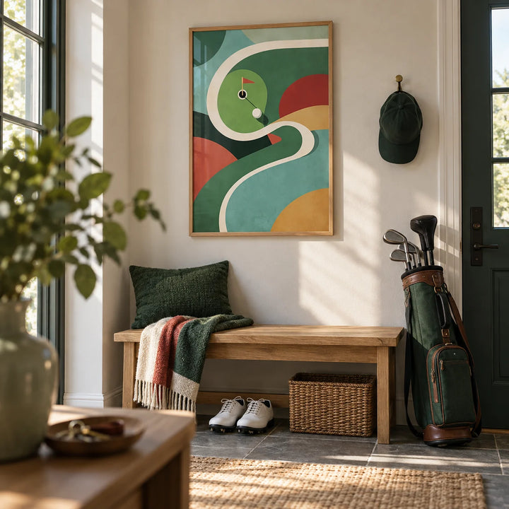 Geometric Golf Art Print, framed on the wall of a boot room by the back door in a hallway