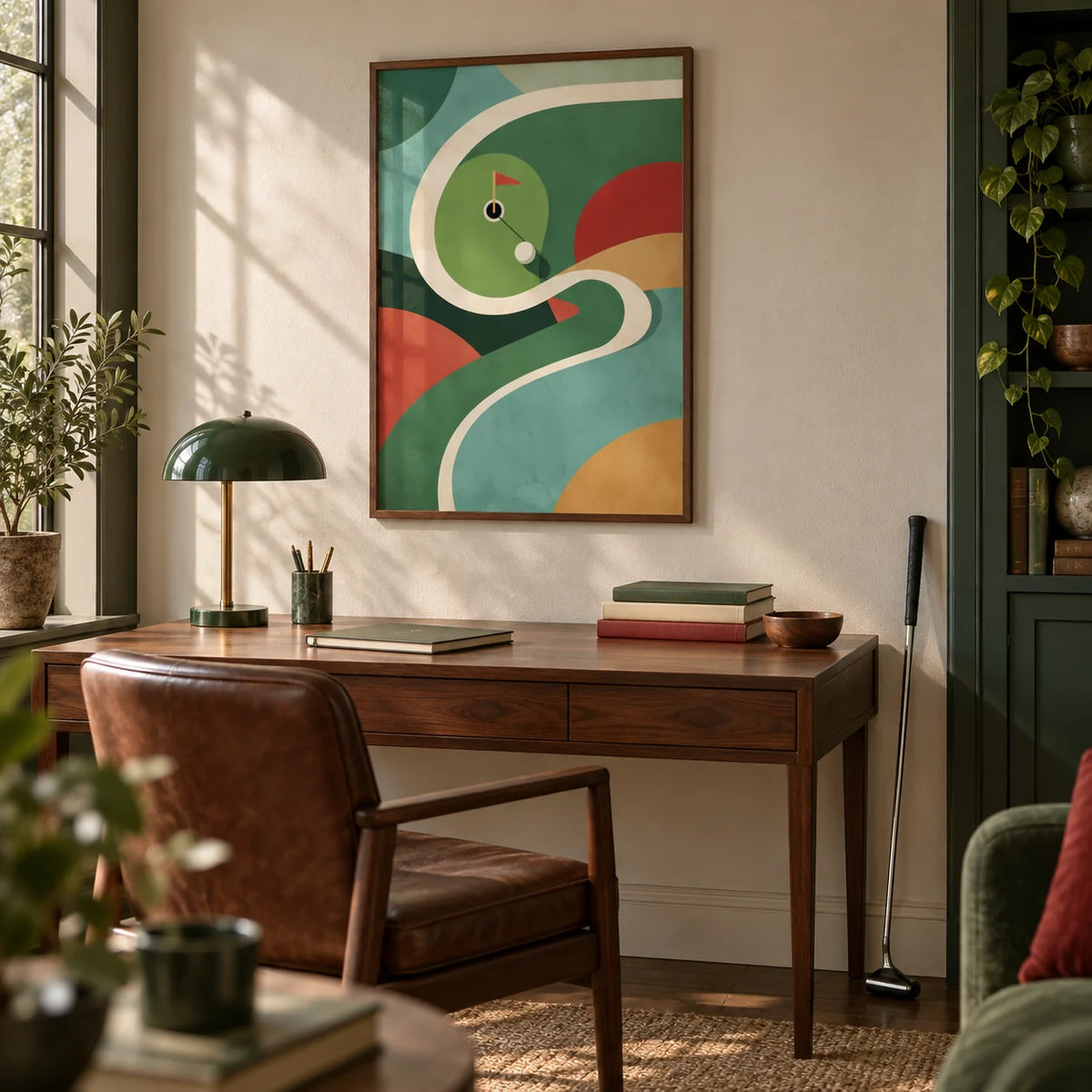 Geometric Golf Art Print, framed on the wall of a golfer's study