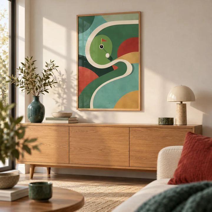 Geometric Golf Art Print, framed on the wall of a modern living room