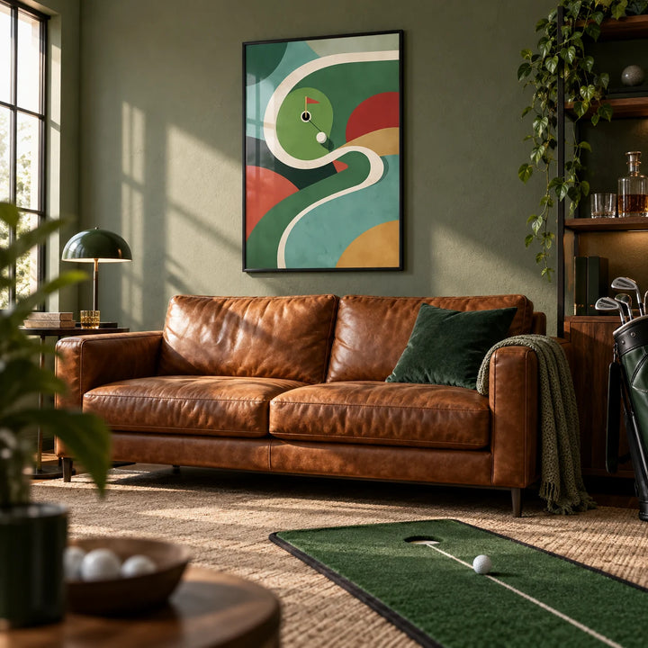 Geometric Golf Art Print, framed on the wall of a relaxed man cave in a living room