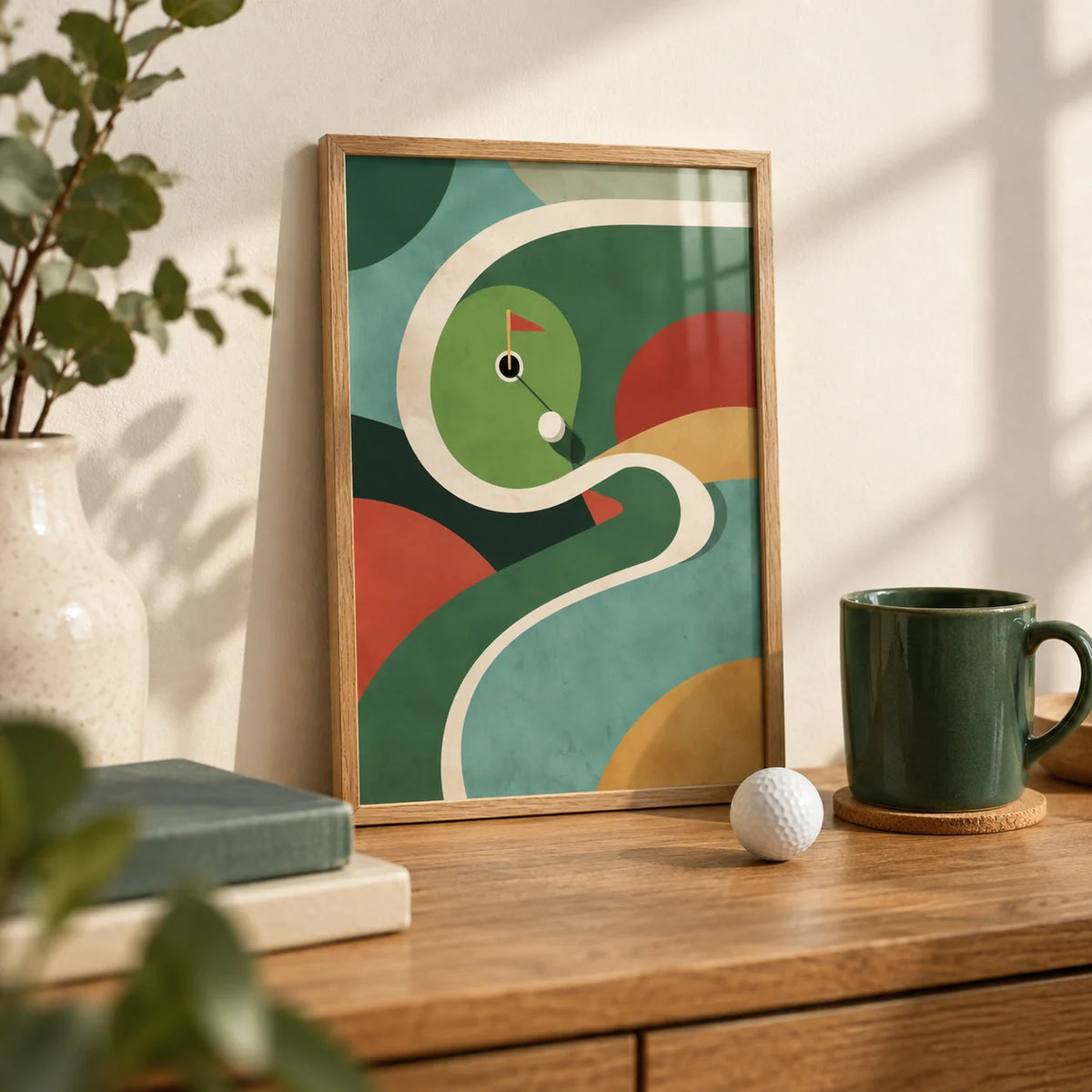 Geometric Golf Art Print, a small A4 framed print leaning on an oak desk