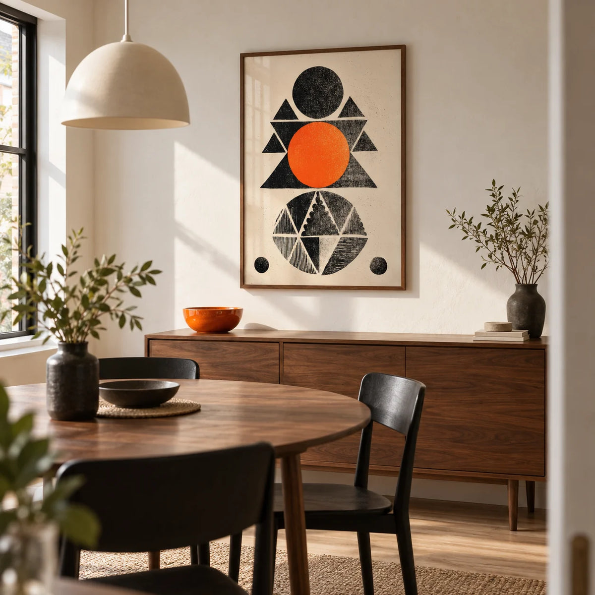 Geometric Indian Art Print, framed on the wall of a compact modern dining room in a renovated terraced house with pale cream plaster walls