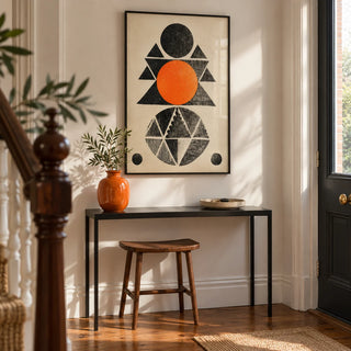 Geometric Indian Art Print, framed on the wall of a crisp entrance hallway in a Victorian terrace with warm white walls and restored timber floorboards