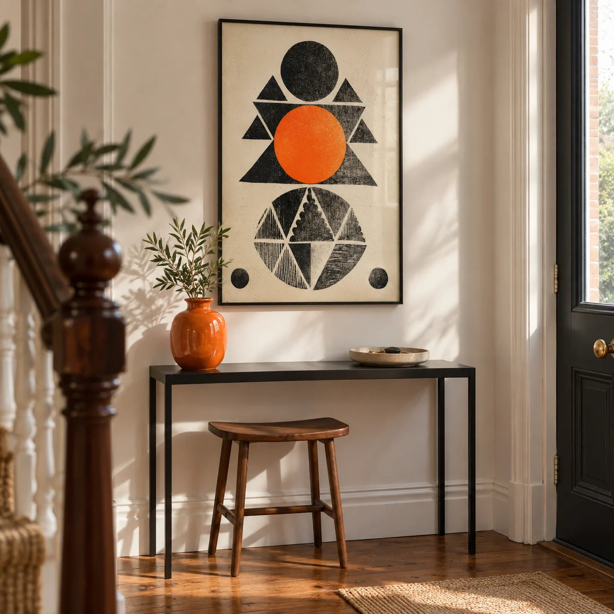 Geometric Indian Art Print, framed on the wall of a crisp entrance hallway in a Victorian terrace with warm white walls and restored timber floorboards