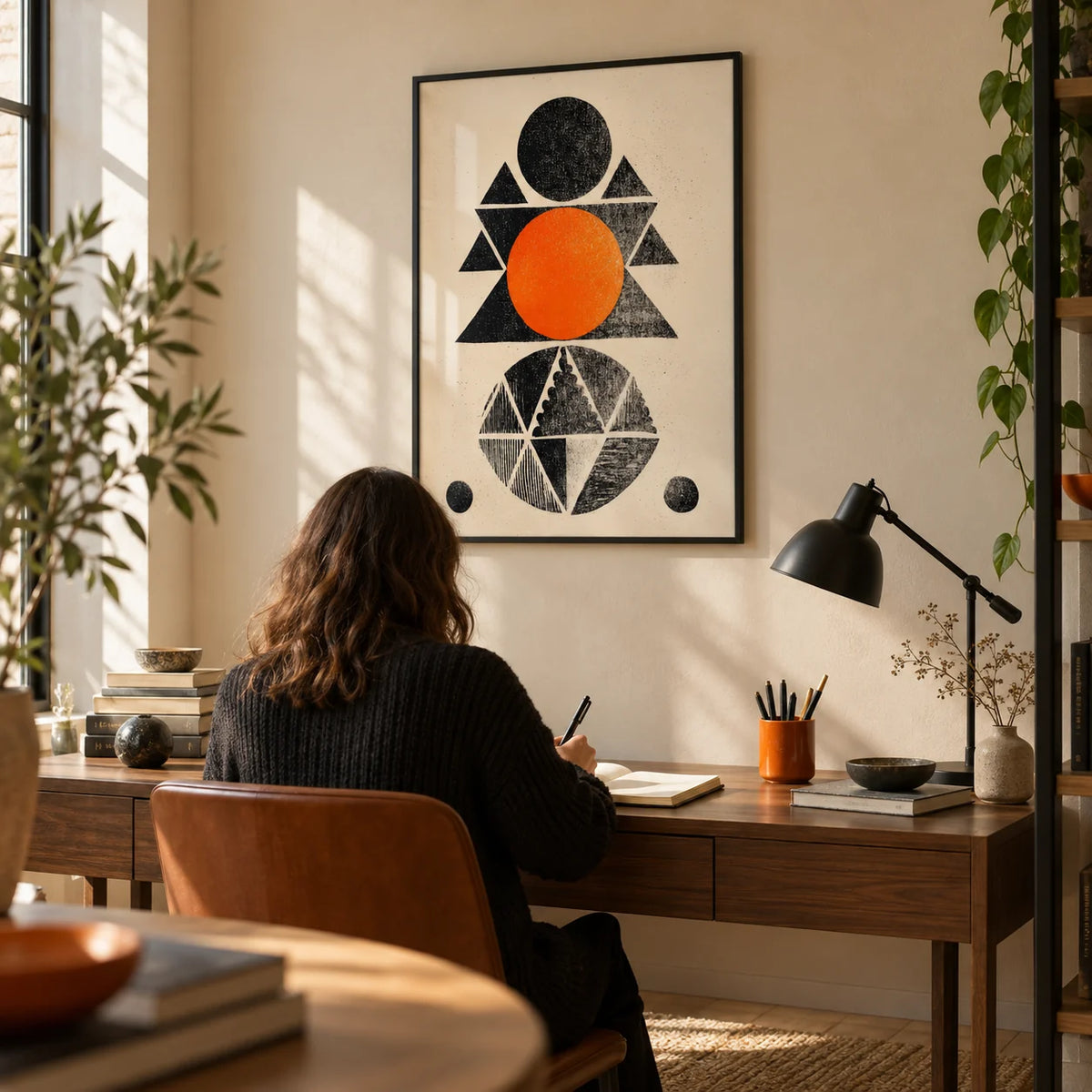 Geometric Indian Art Print, framed on the wall of a design-led home study with a warm beige wall and pale timber floor