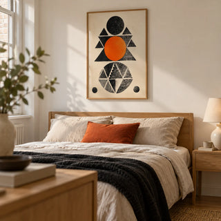 Geometric Indian Art Print, framed on the wall of a modern double bedroom in a UK flat with an off-white wall and simple oak furniture
