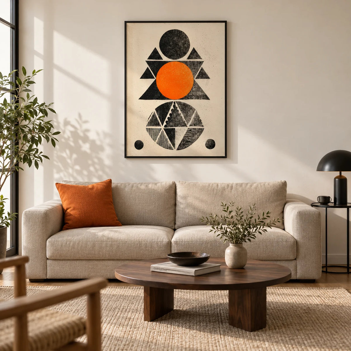 Geometric Indian Art Print, framed on the wall of a modern living room in a UK city flat with warm white walls and an oak floor