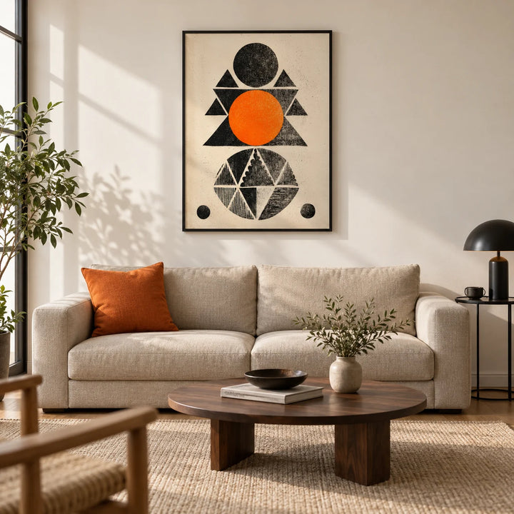 Geometric Indian Art Print, framed on the wall of a modern living room in a UK city flat with warm white walls and an oak floor