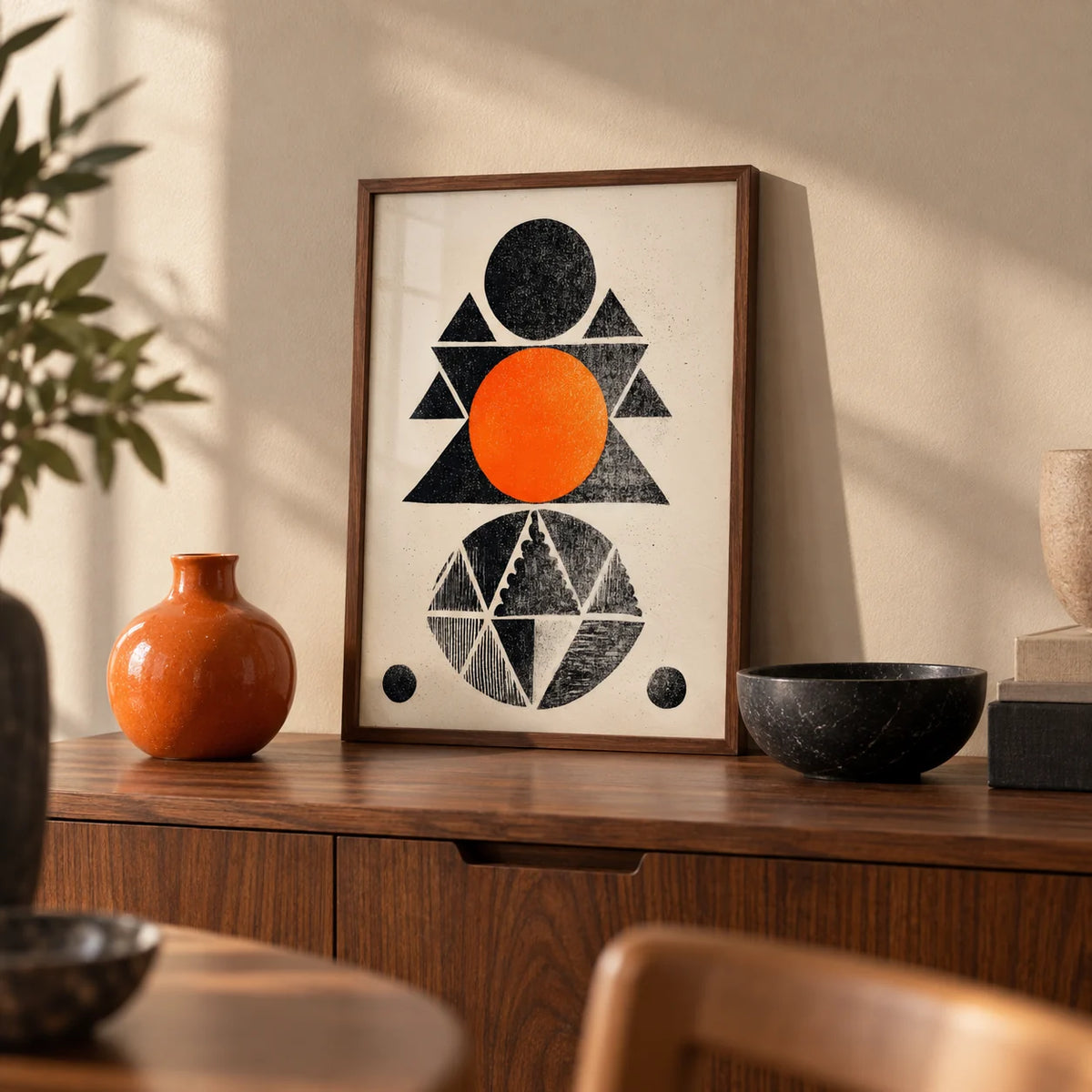 Geometric Indian Art Print, a small A4 framed print leaning on a walnut sideboard in a living room