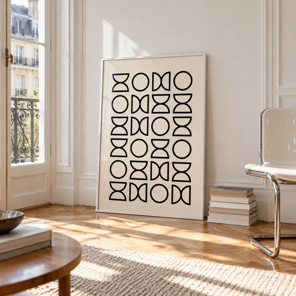 Geometric Lines Art, framed on the wall of a bright