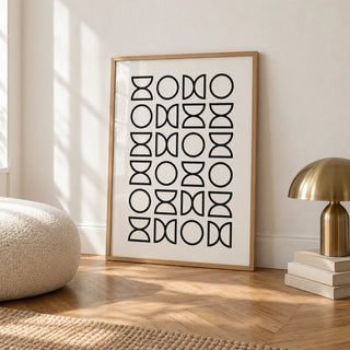 Geometric Lines Art, framed on the wall of a calm white room with a white skirting board and herringbone oak parquet