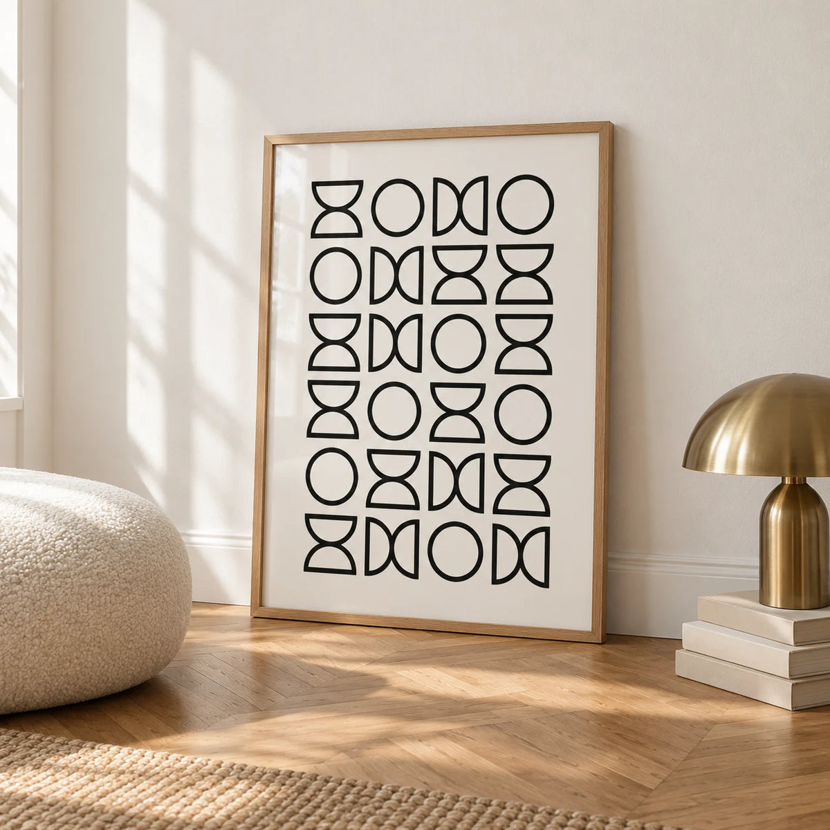 Geometric Lines Art, framed on the wall of a calm white room with a white skirting board and herringbone oak parquet