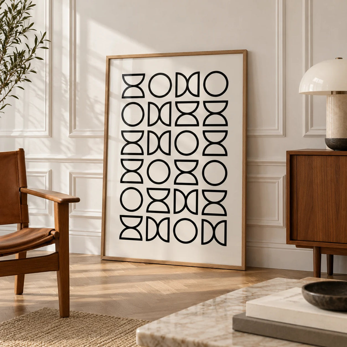 Geometric Lines Art, framed on the wall of an elegant room with white panelled walls with classic mouldings and a herringbone oak floor in soft side light