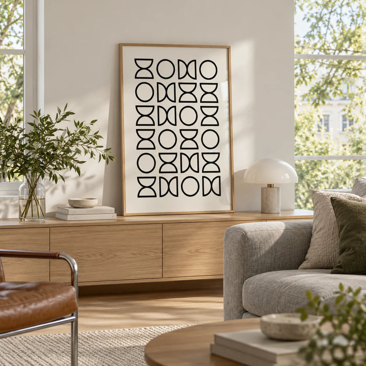 Geometric Lines Art, framed on the wall of a light living room with big windows