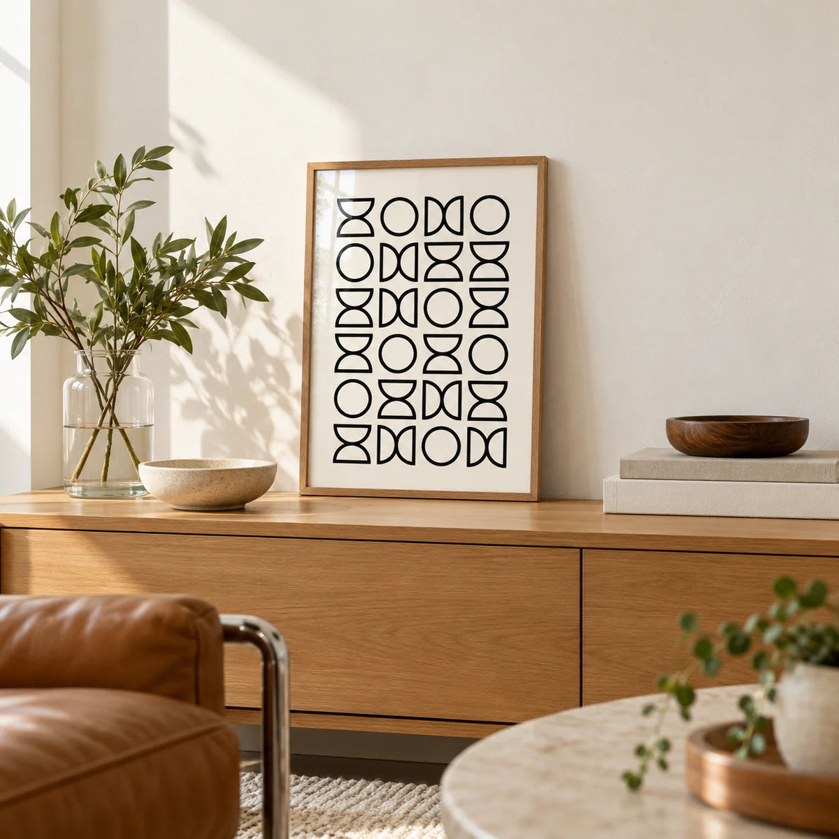 Geometric Lines Art, a small A4 framed print leaning on a low pale wooden side table in a hallway
