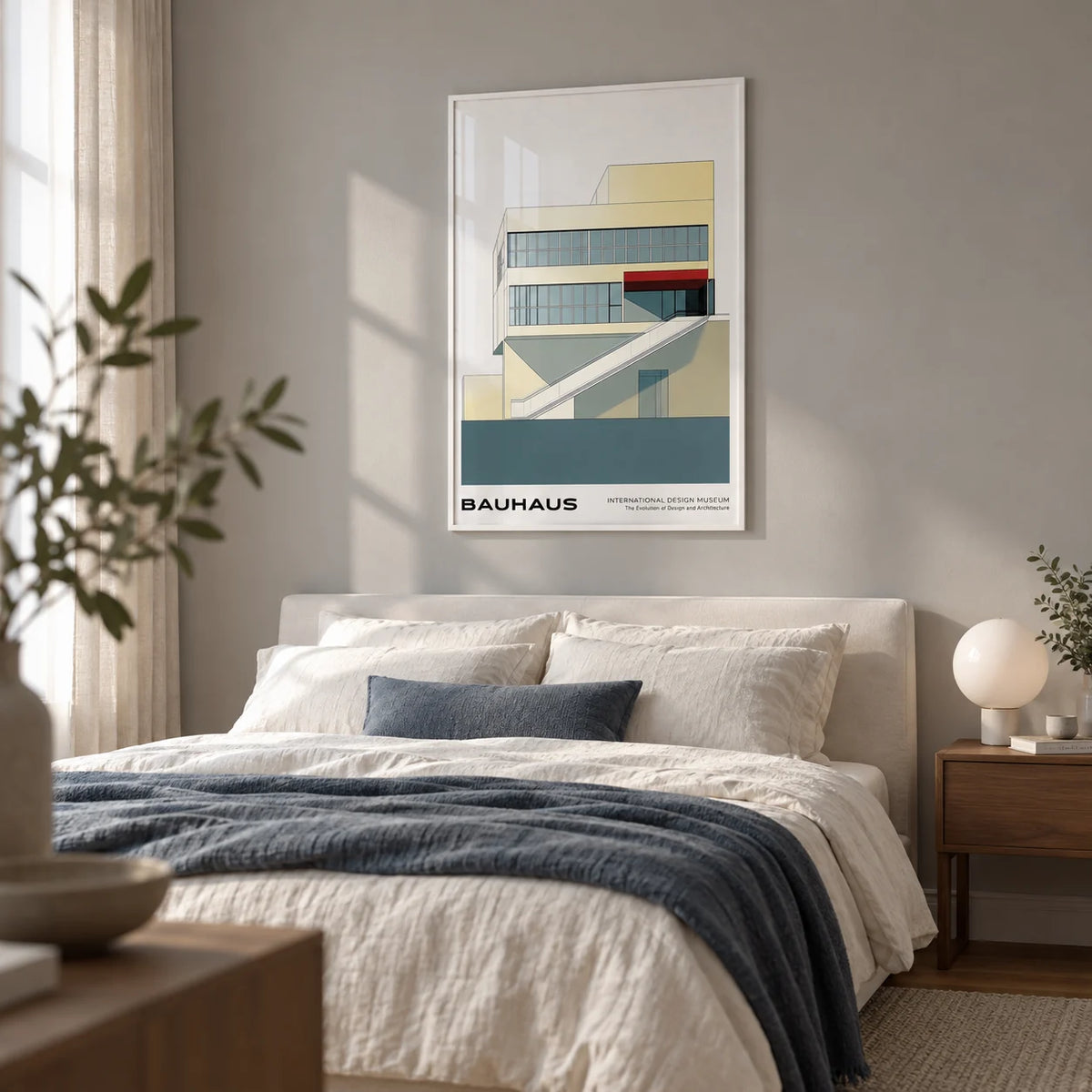 Geometric Mid Century Modern Art, framed on the wall of a calm modern bedroom with a soft grey wall