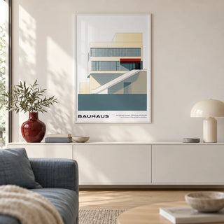 Geometric Mid Century Modern Art, framed on the wall of a calm modern living room with a warm white wall and a pale oak floor
