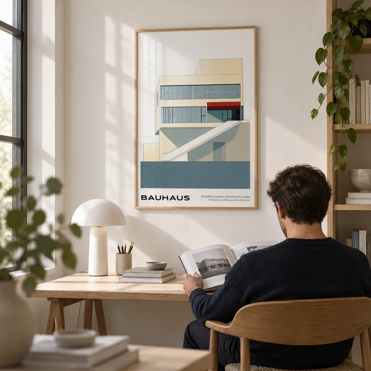 Geometric Mid Century Modern Art, framed on the wall of a calm study with a white wall