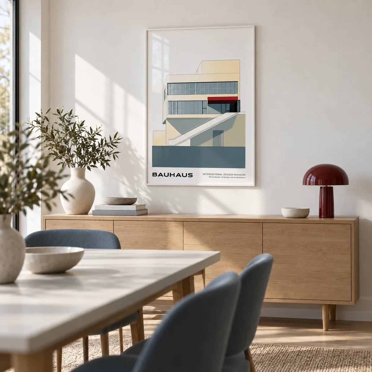 Geometric Mid Century Modern Art, framed on the wall of a minimal dining room with a white wall