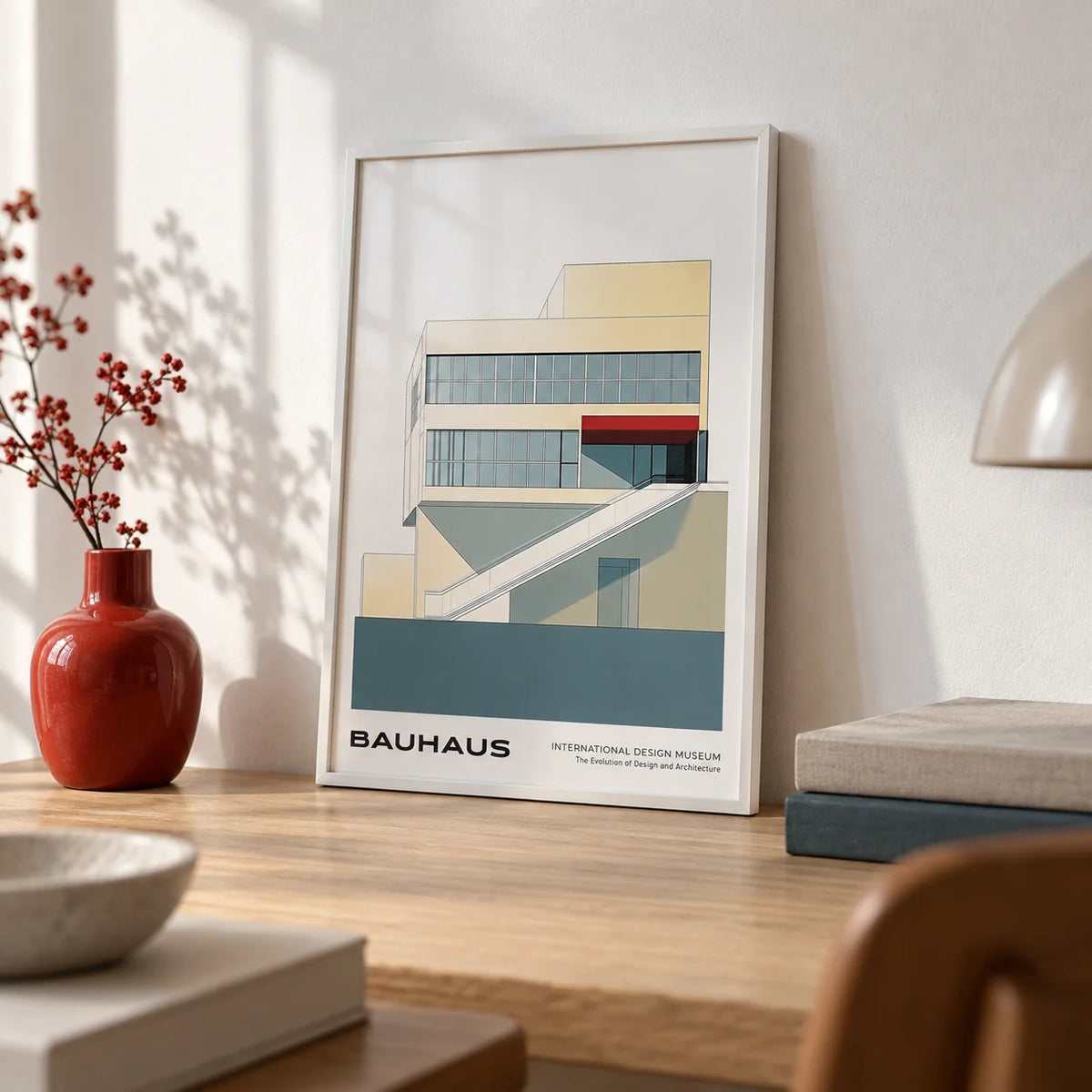 Geometric Mid Century Modern Art, a small A4 framed print leaning on a pale oak desk