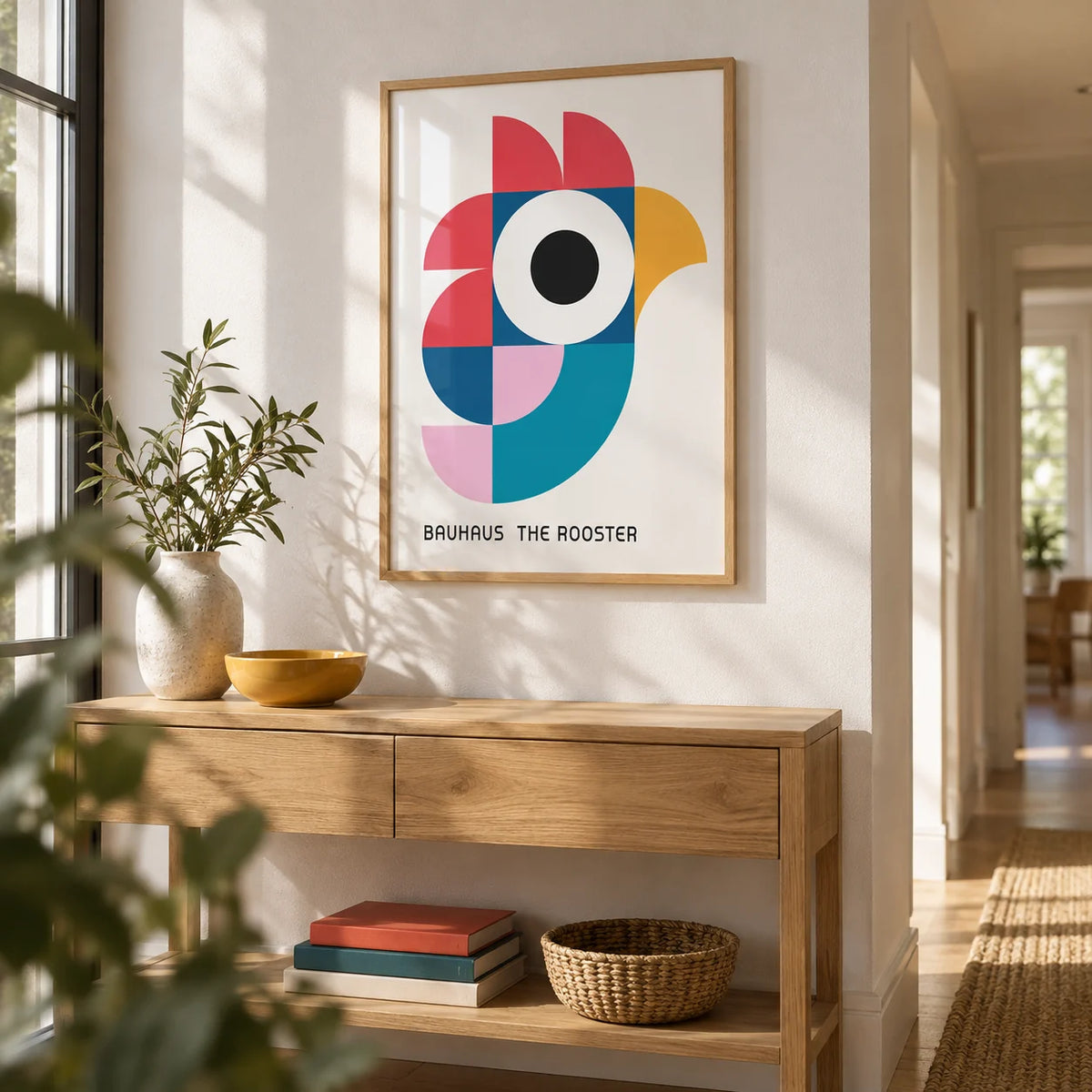 Geometric Pattern Art, framed on the wall of a bright hallway with a white wall