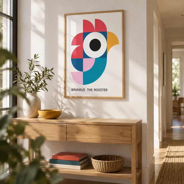 Geometric Pattern Art, framed on the wall of a bright hallway with a white wall