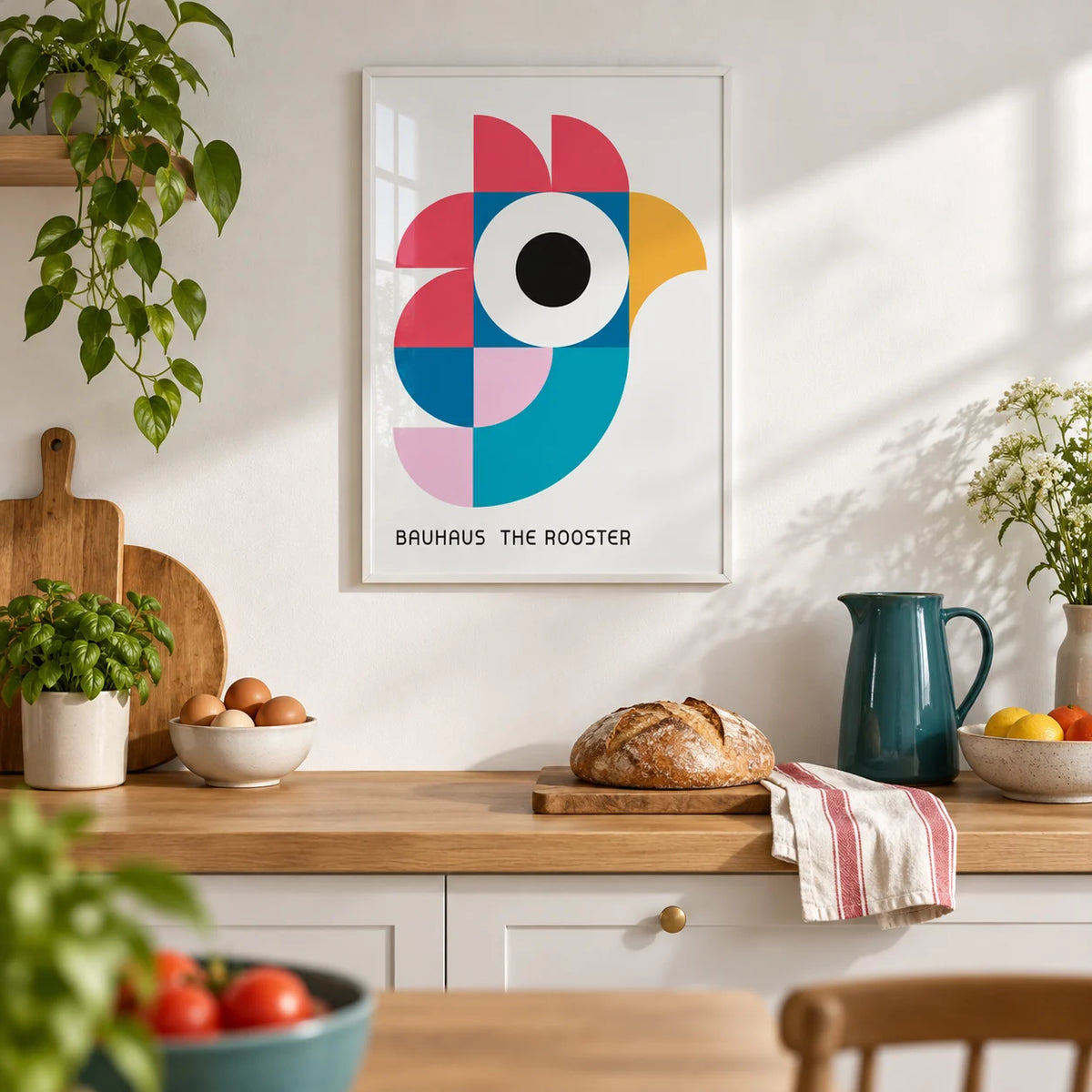 Geometric Pattern Art, framed on the wall of a bright modern kitchen with a white wall and an oak worktop