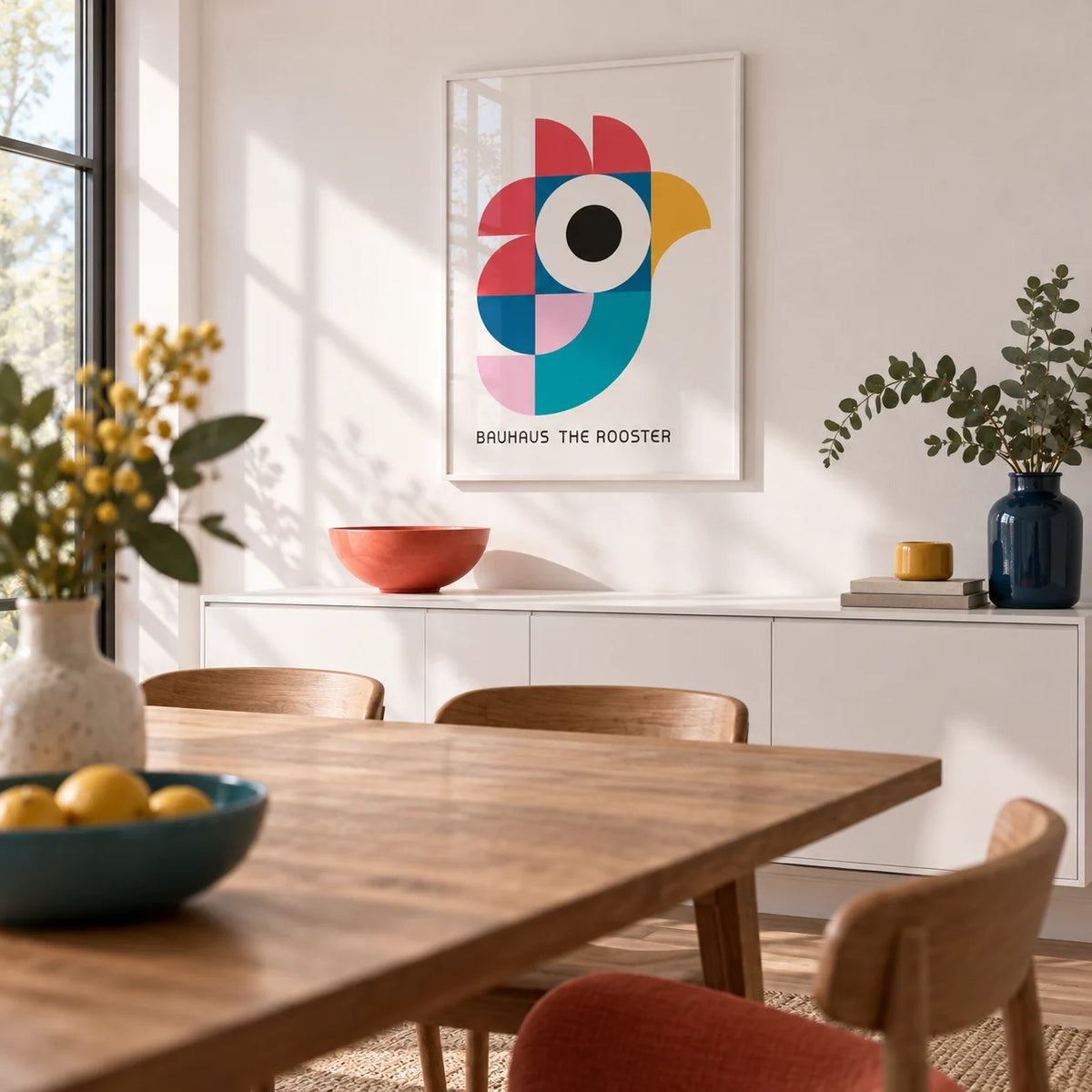 Geometric Pattern Art, framed on the wall of a modern dining room with a white wall