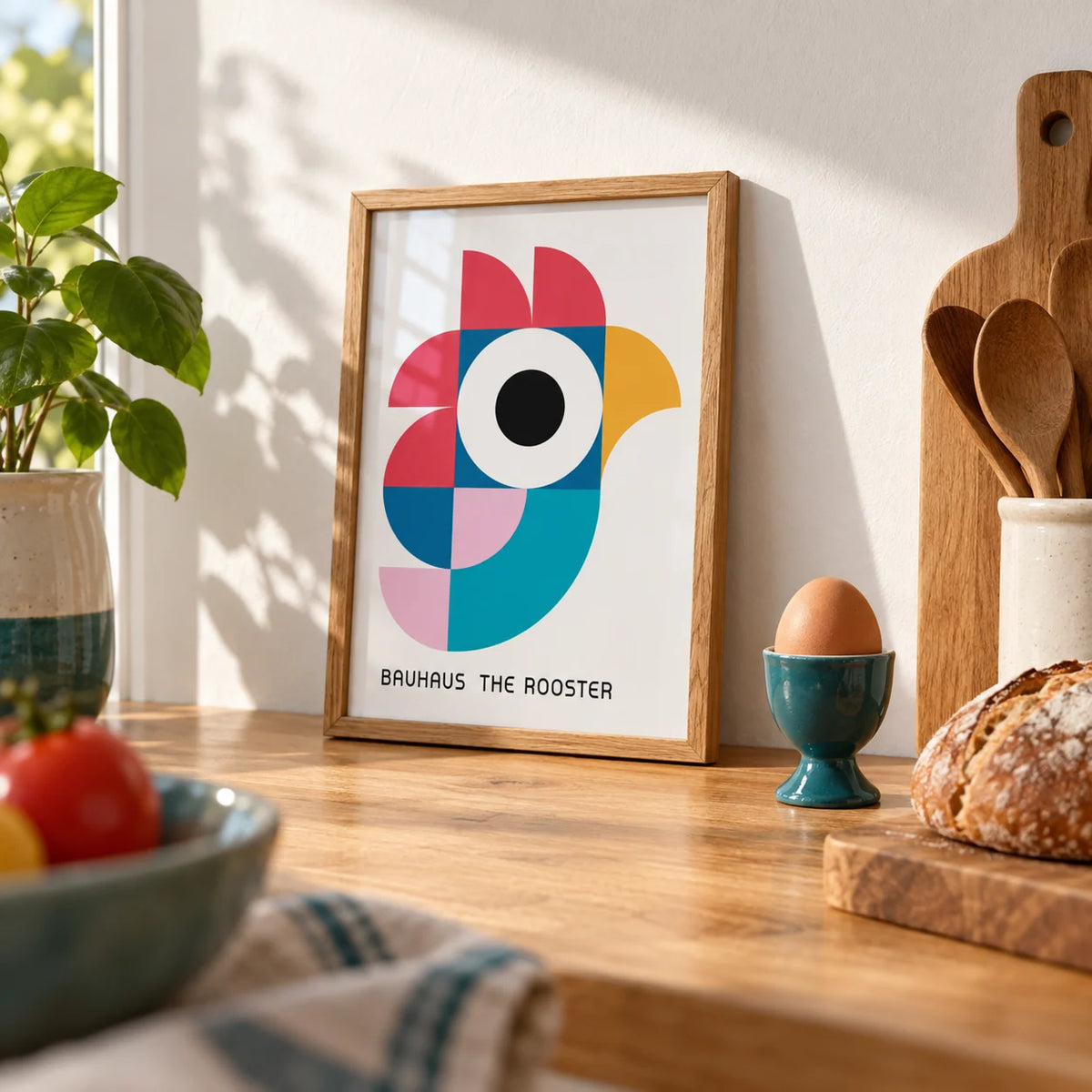 Geometric Pattern Art, a small A4 framed print leaning on an oak kitchen worktop