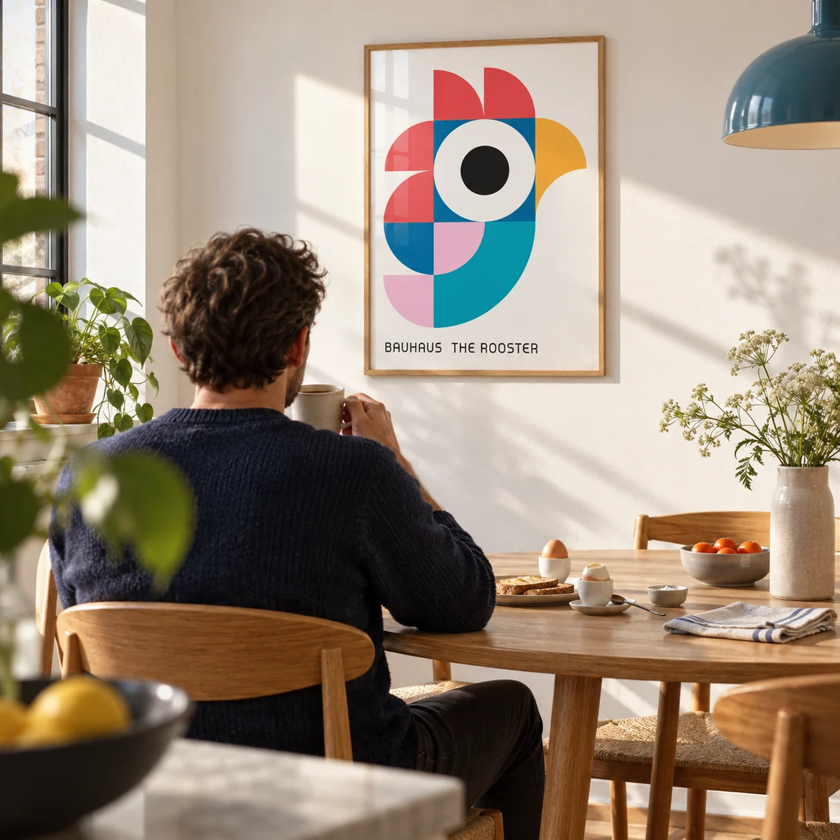 Geometric Pattern Art, framed on the wall of a sunny breakfast nook with a white wall in a kitchen